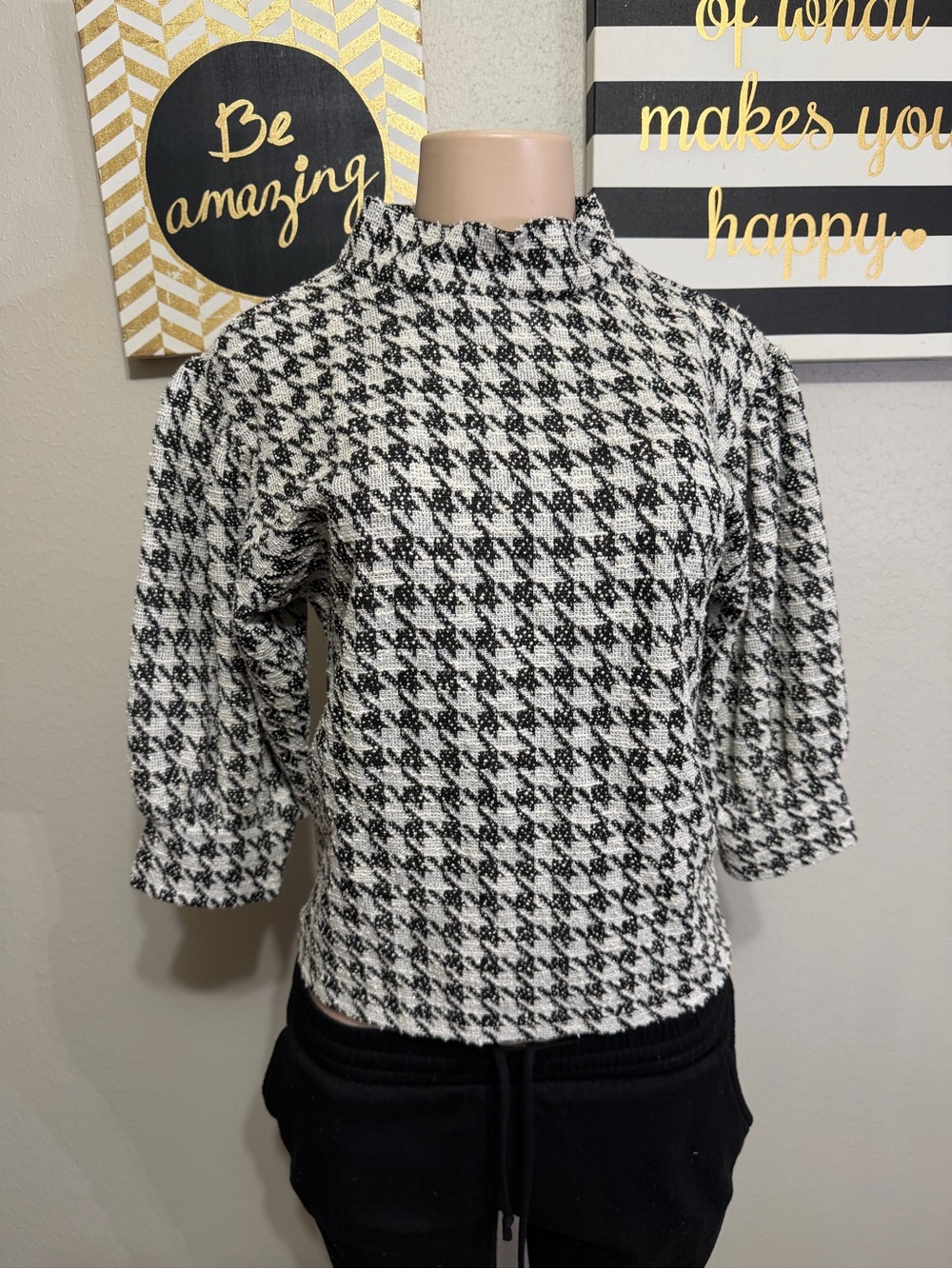Ann Taylor Black & White Houndstooth Mock Neck Sweater
